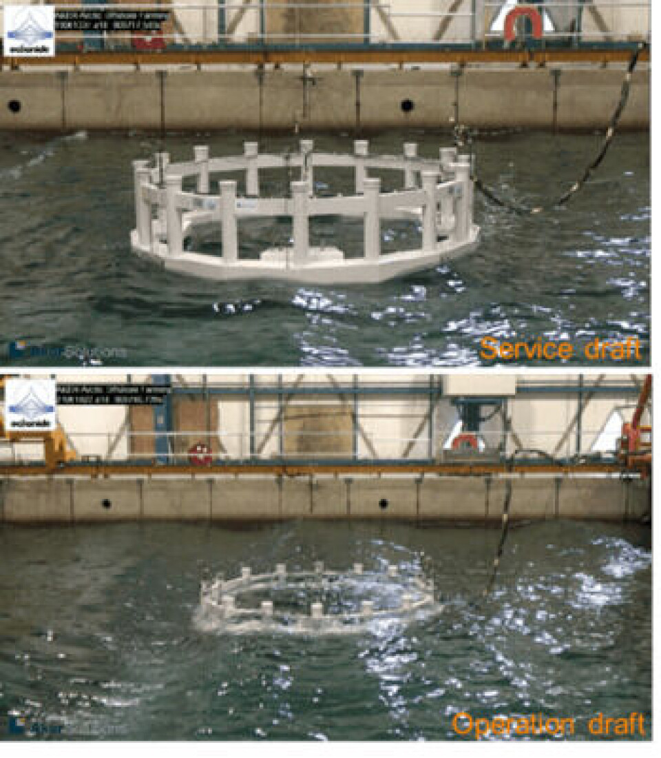 Prueba del modelo de Arctic Offshore Farming, no sumergido (arriba) y lsumergido (abajo). Foto: NRS/Aker.