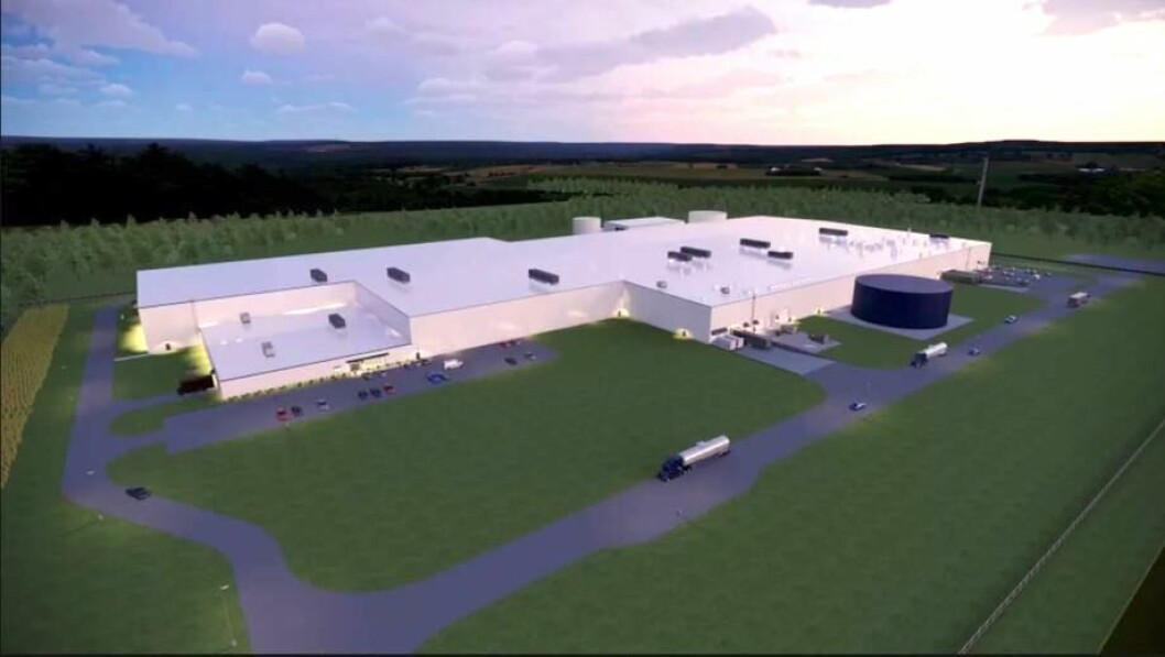 Ilustración de la piscicultura de AquaBounty siendo construida en Pioneer, Ohio. Imagen: AquaBounty. Ilustración de la piscicultura de AquaBounty siendo construida en Pioneer, Ohio. Imagen: AquaBounty.
