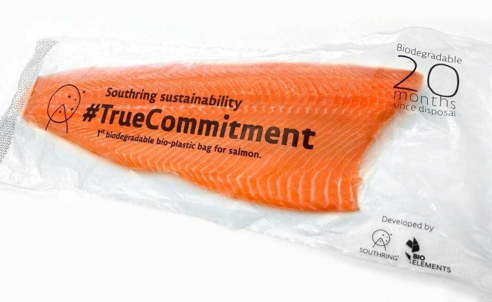 Empaque biodegradable de BioElements para salmón de Australis Seafoods. Foto: BioElements.