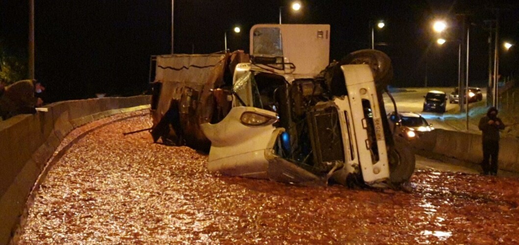 Un accidente provocó que vísceras de salmón se deslizaran hacia un estero cercano. Foto: El Quellonino. Un accidente provocó que vísceras de salmón se deslizaran hacia un estero cercano. Foto: El Quellonino.