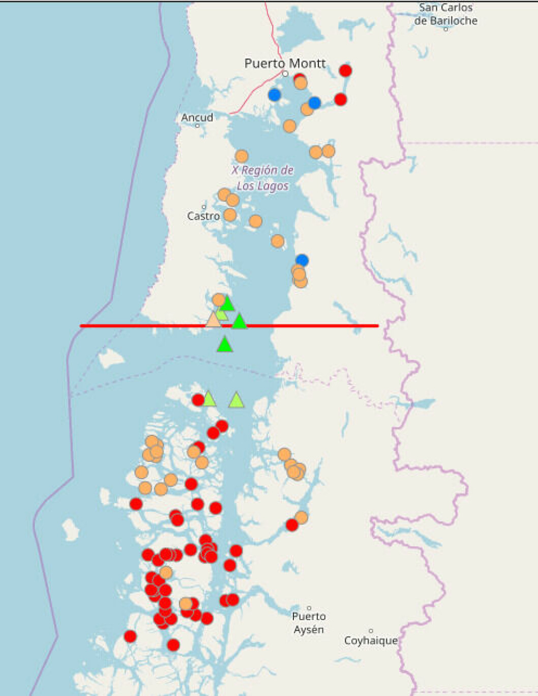 Los blooms de algas ya han sido detectados en Los Lagos, Aysen y Magallanes. Los puntos rojos muestran áreas afectadas por Floraciones Algales Nocivas (FAN). Imagen: Intesal.