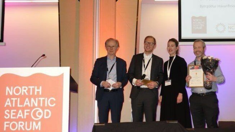 De izquierda a derecha: Jason Clark, Øystein Lie de NASF, Kristoffer Jordheim de Pareto Securities y Tanja Hoel del NCE Seafood Innovation Cluster.