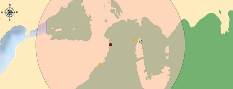 Distribución espacial del caso confirmado de virus ISA en la región de Magallanes. Imagen: Sernapesca.