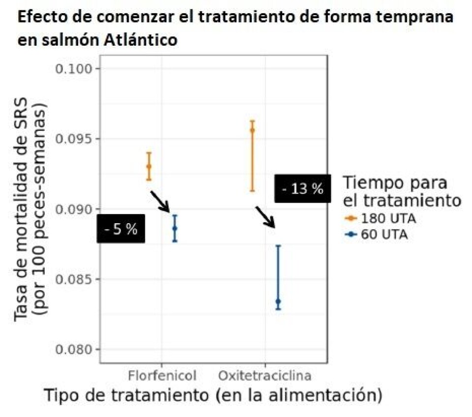 Comenzar el tratamiento de forma temprana en salmón Atlántico disminuye la tasa de mortalidad debido a SRS en un 5% con florfenicol y en un 13% con oxitetraciclina. Fuente: Ausvet.