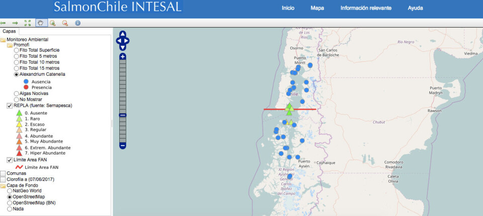 Captura de Pantalla de mapa interactivo de Programa de Monitoreo de Fitoplancton.