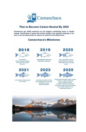 Hitos relevantes de la estrategia para la carbononeutralidad. Foto: Salmones Camanchaca. Hitos relevantes de la estrategia para la carbononeutralidad. Foto: Salmones Camanchaca.