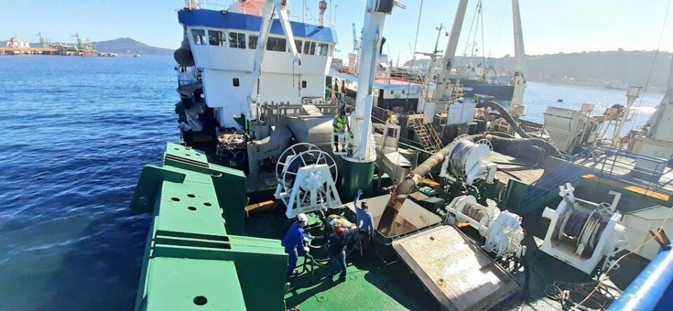Pesquero de alta mar Erika, que arribó a Talcahuano con mortalidad de salmones desde Los Lagos, para ser reducida a harina y aceite de pescado. Foto: Sernapesca.