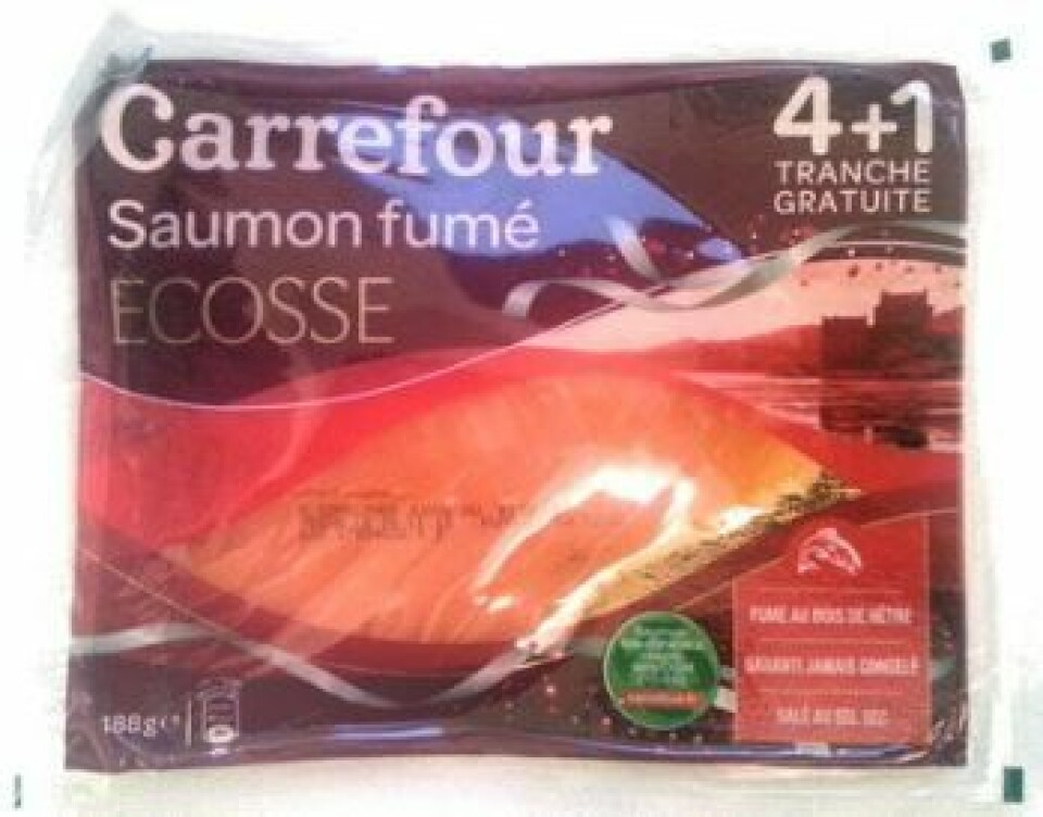 Salmón ahumado escocés producido por Marine Harvest Kritsen, comercializado bajo la marca Carrefour.