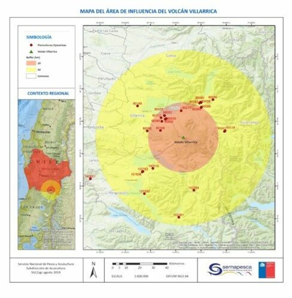Mapa del área de influencia del volcán Villarrica. Foto: Sernapesca.