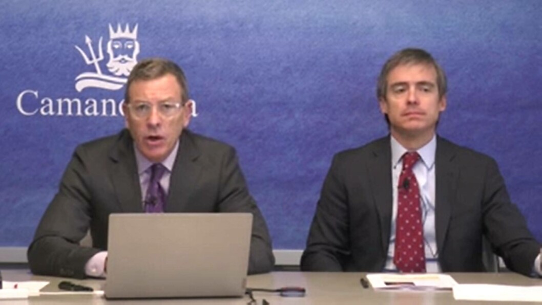 Ricardo García, vicepresidente de Salmones Camanchaca, y Manuel Arriagada, gerente general, en el webcast. Ricardo García, vicepresidente de Salmones Camanchaca, y Manuel Arriagada, gerente general, en el webcast.