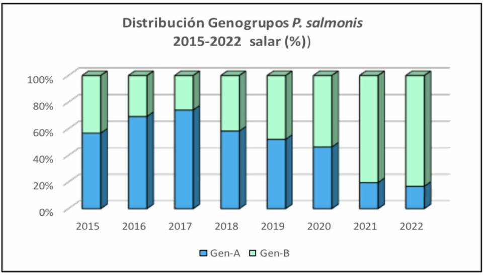 Distribución Genogrupos P. salmonis 2015-2022 en salmón Atlántico (%)