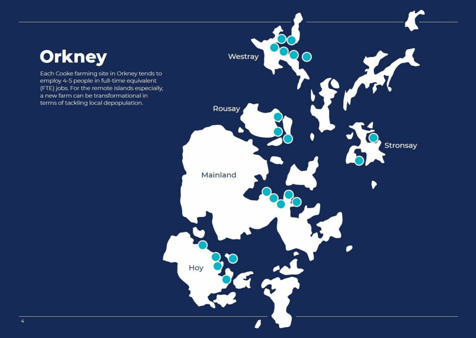 Un mapa de los sitios de Cooke's Orkney incluido en un informe sobre los beneficios del cultivo de salmón. Papa Westray no está etiquetado, pero está justo encima de Westray.