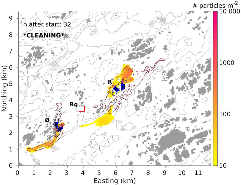 Visualización de la dispersión de partículas provenientes del biofouling entre dos centros de cultivo noruegos (Rataren (R) y Ørnøya (Ø)), en una serie de tiempo de 64 horas.