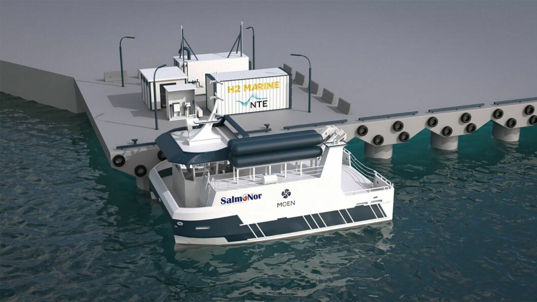 Durante mayo, Salmonor decidirá si construye el primer barco acuícola del mundo impulsado por hidrógeno. Ilustración: HYON / Salmonor.