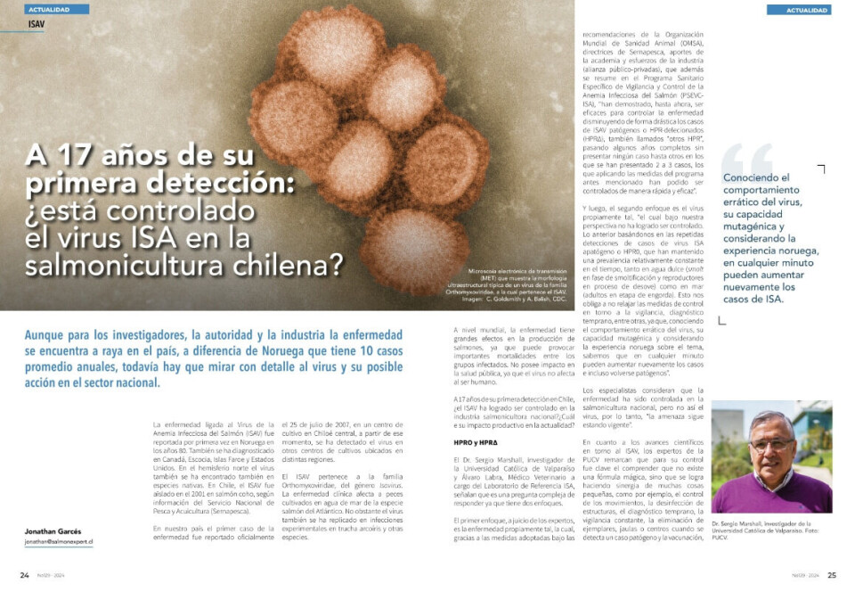 “La enfermedad ha sido controlada en la salmonicultura nacional, no así el virus ISA”