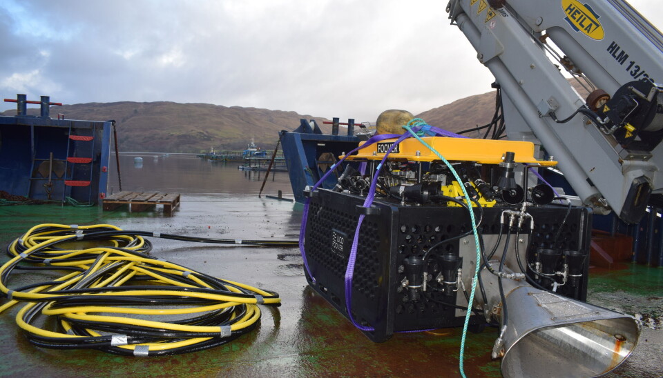 Un UCO Foover en la cubierta de un barco de trabajo. Mowi quiere que el ROV se adapte para que pueda capturar y sacrificar peces moribundos, además de recolectar peces muertos.